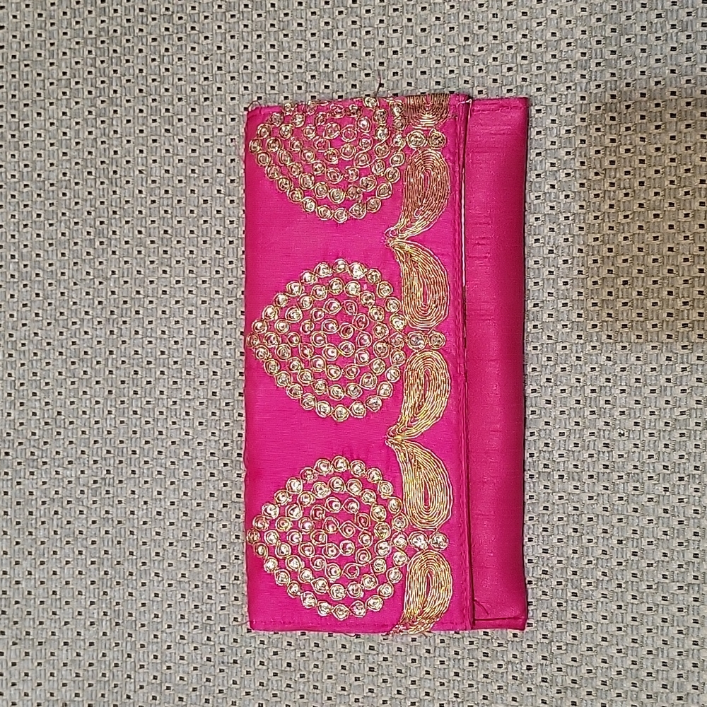 EUC Pink Silk & Gold Embroidery Foldover Clutch, Wallet or Jewelry Bag...